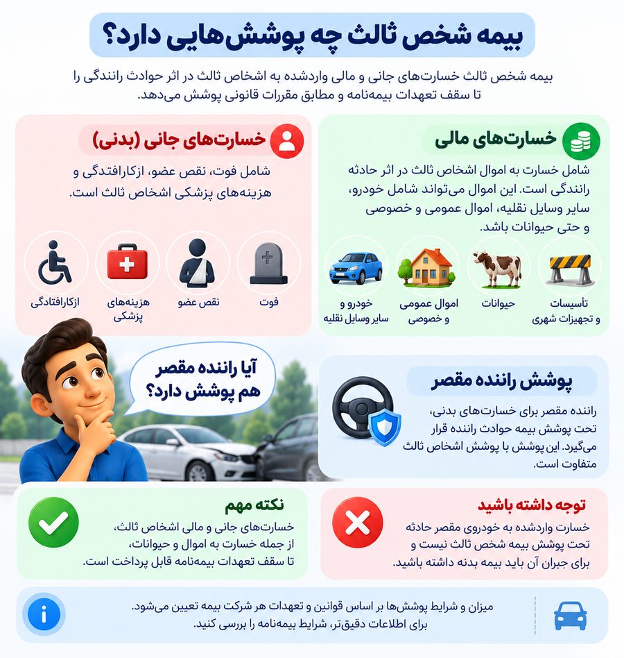 پوشش‌های بیمه شخص ثالث شامل خسارت‌های جانی، مالی، اموال و حیوانات